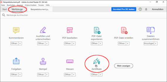 Öffnen Sie eine PDF mit dem Adobe Reader. Gehen Sie dann in das Menü "Werkzeuge" und wählen "Zertifikate" aus.
