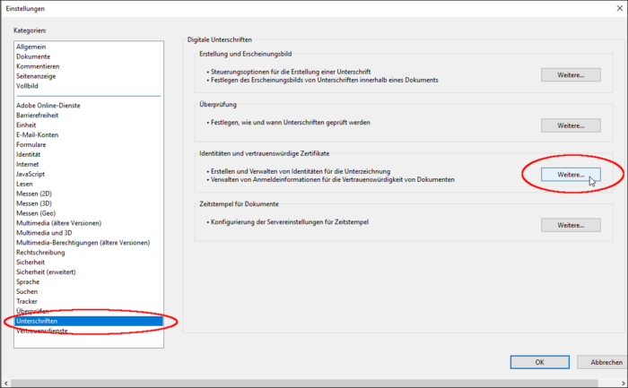 In der Kategorie "Unterschriften" den Button "Weitere" im Bereich "Identitäten und vertrauenswürdige Zertifikate" auswählen.