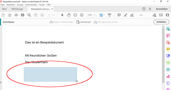 Nun können Sie mit der Maus ein Rechteck an der Stelle ziehen, wo Ihre digitale Signatur in das PDF-Dokument eingefügt werden soll.