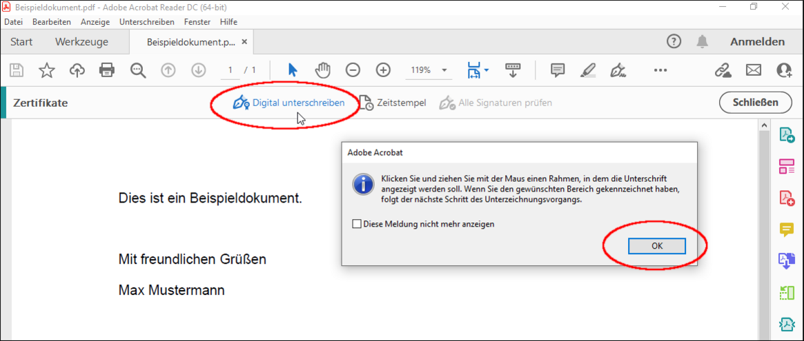 Klicken Sie auf "Digital unterschreiben".