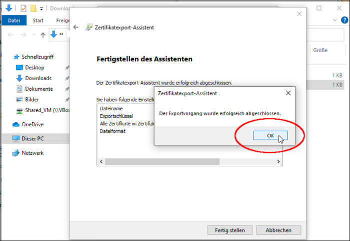 Das Exportieren wird als erfolgreich bestätigt.