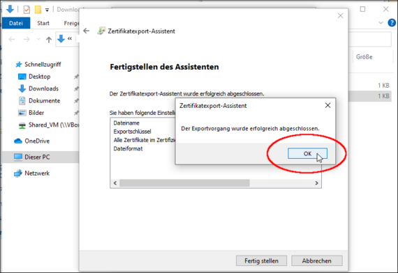 Das Exportieren wird als erfolgreich bestätigt.