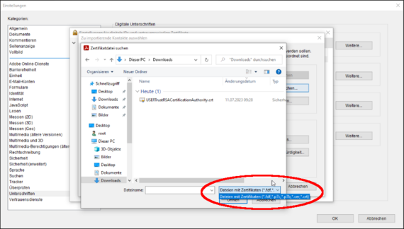 Wählen Sie nun das zuvor heruntergeladene Zertifikat aus. Sollte das Zertifikat bei Ihnen nicht angezeigt werden (und der Dateifilter zeigt nicht das Format "*.crt" an) verwenden Sie höchstwahrscheinlich eine ältere Version von Adobe Reader oder eine ESR-Version (das betrifft auch die OPSI-Version vom Adobe Reader, die über das LUIS verteilt wird). Fahren Sie in diesem Fall mit dem "Zwischenschritt Z1: Konvertieren des Wurzelzertifikats" fort (zu finden am Ende dieser Anleitung).