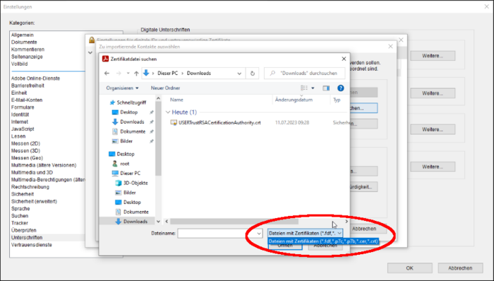 Wählen Sie nun das zuvor heruntergeladene Zertifikat aus. Sollte das Zertifikat bei Ihnen nicht angezeigt werden (und der Dateifilter zeigt nicht das Format "*.crt" an) verwenden Sie höchstwahrscheinlich eine ältere Version von Adobe Reader oder eine ESR-Version (das betrifft auch die OPSI-Version vom Adobe Reader, die über das LUIS verteilt wird). Fahren Sie in diesem Fall mit dem "Zwischenschritt Z1: Konvertieren des Wurzelzertifikats" fort (zu finden am Ende dieser Anleitung).