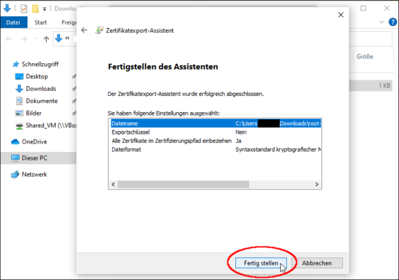 Die Exportinformationen werden noch einmal gesammelt dargestellt.