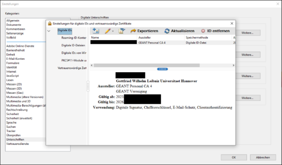 Das Zertifikat wird nun als "Digitale ID" angezeigt und kann im Folgenden für das Signieren von PDFs verwendet werden.