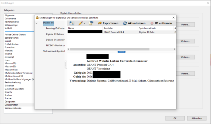Das Zertifikat wird nun als "Digitale ID" angezeigt und kann im Folgenden für das Signieren von PDFs verwendet werden.