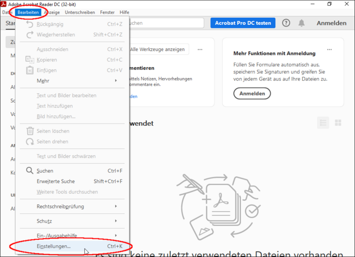 Adobe Reader öffnen und die Einstellungen über "Bearbeiten - Einstellungen" öffnen.