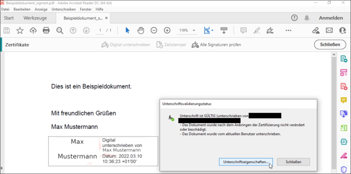 In dem Dokument taucht nun die Signatur auf, diese kann (mit importiertem Wurzelzertifikat siehe Schritt 1) auf Ihre Gültigkeit überprüft werden.