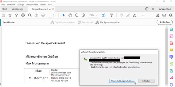 In dem Dokument taucht nun die Signatur auf, diese kann (mit importiertem Wurzelzertifikat siehe Schritt 1) auf Ihre Gültigkeit überprüft werden.
